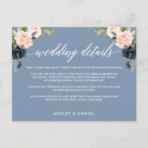 Hochzeitsdetails Dusty Blue Pink Florale Einlegeka Postkarte