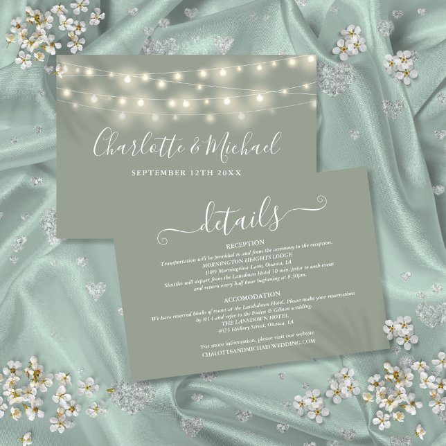 Hochzeitsdetails Frühjahrsleder leuchtet Skriptspr Begleitkarte (Wedding Details Spring Lights Script Sage Green Enclosure Card)
