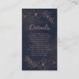 Hochzeitsdetails für Navy Blue & Rose Gold Foil Begleitkarte