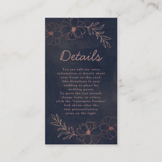 Hochzeitsdetails für Navy Blue & Rose Gold Foil Begleitkarte (Vorderseite)