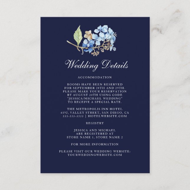 Hochzeitsdetails für Wasserfarben-Hydrangea Begleitkarte (Vorderseite)