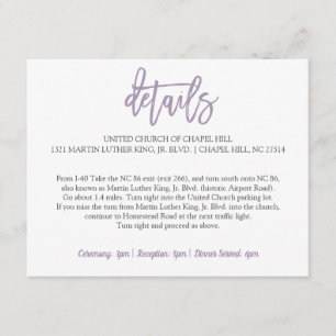 Hochzeitsdetails Karte Brush Lettered Lavendel