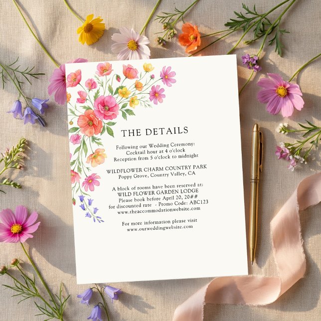 Hochzeitsdetails mit rosa-orangen Blumen Begleitkarte (Wedding details card from the Wildflower Bloom collection by Darling & May)