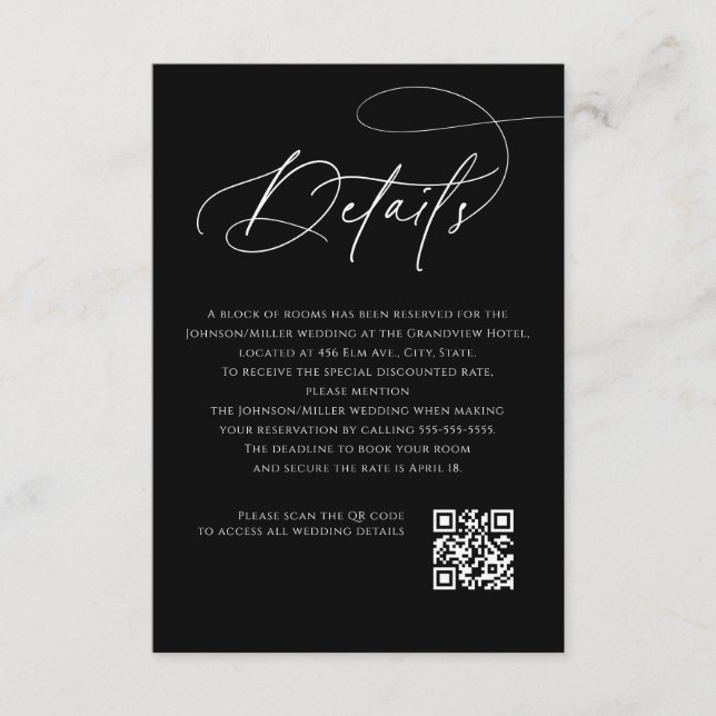 Hochzeitsdetails mit Schriftmonogramm Schwarzer QR Begleitkarte (Vorderseite)