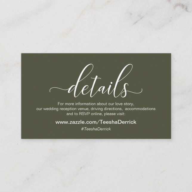 Hochzeitsdetails, Modern Olive Green Thema Begleitkarte (Vorderseite)