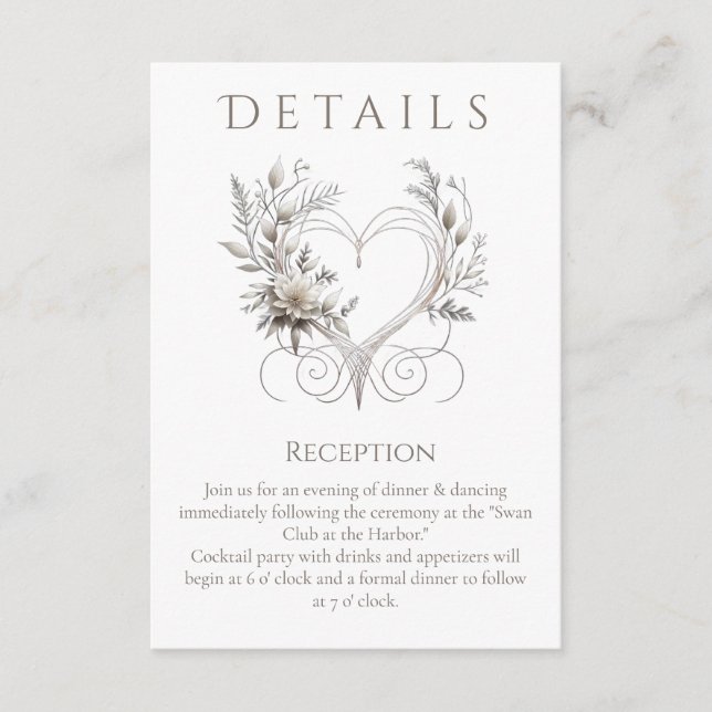 Hochzeitsdetails - Moderne weiße Blume mit Herz Begleitkarte (Vorderseite)
