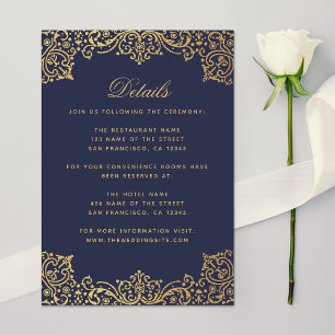 Hochzeitsdetails Vintage Navy Blau Faux Gold Verzi Begleitkarte