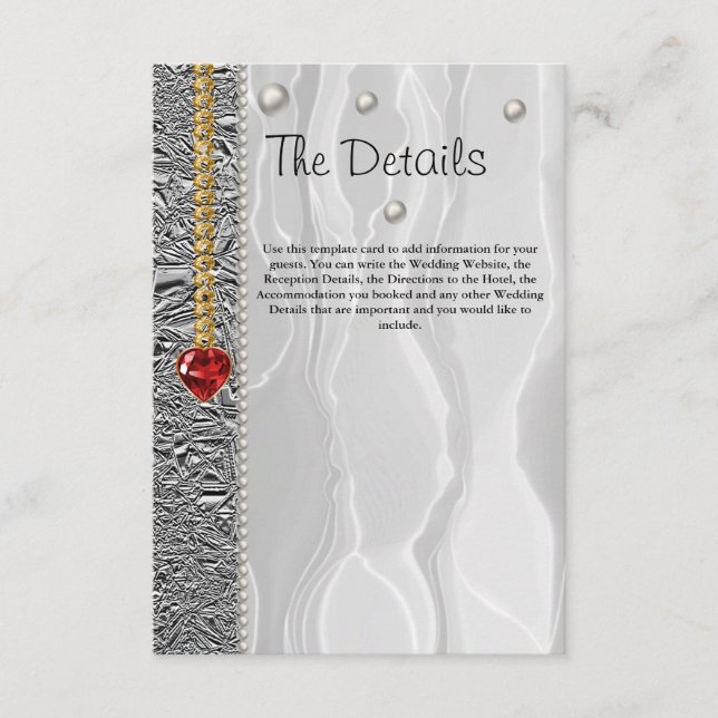 Hochzeitsdetails, weiße Seide & Diamanten & Perlen Begleitkarte (Vorderseite)