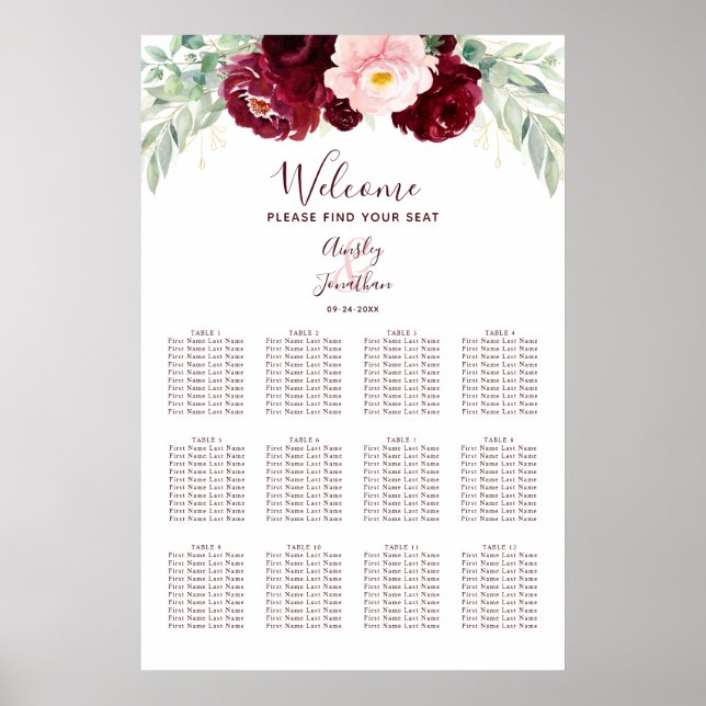 Hochzeitsdiagramm der Borgundy Floral Monogram Poster (Vorne)