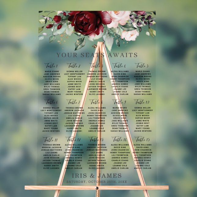 Hochzeitsdiagramm für Burgunder Blush Bloral Acrylschild (Neutral)