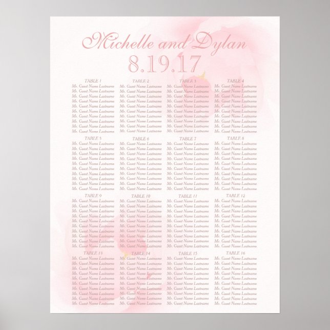 Hochzeitsdiagramm für Hochzeitssitze mit hellrosa  Poster (Vorne)