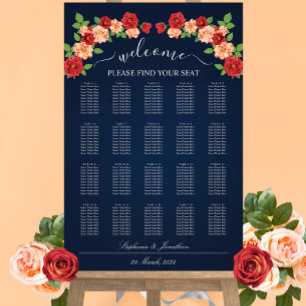 Hochzeitsdiagramm für Navy Blue Red & Orange Rose Poster