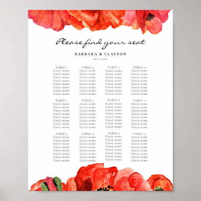 Hochzeitsdiagramm für Rote Mohnblumen Poster (Vorne)