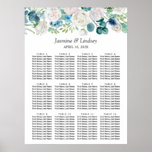 Hochzeitsdiagramm mit grün-blau-weißem Blumenmuste Poster