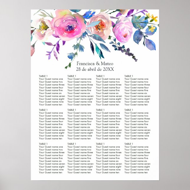 Hochzeitsdiagramm mit leuchtend rosa Aquarellfarbe Poster (Vorne)