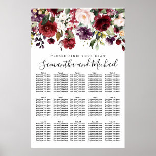 Hochzeitsdiagramm von Burgund Roter Flora mit 15 T Poster