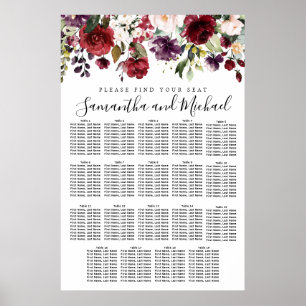 Hochzeitsdiagramm von Burgund Roter Flora mit 19 T Poster