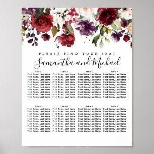 Hochzeitsdiagramm von Burgundy Red Floral mit 8 Ti Poster