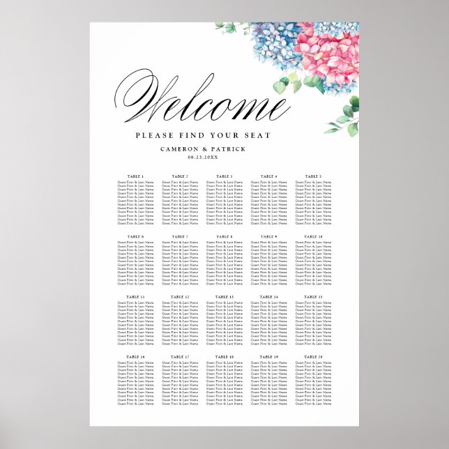 Hochzeitsdiagramm zwischen Rosa und Blau-Hydrangea Poster (Vorne)