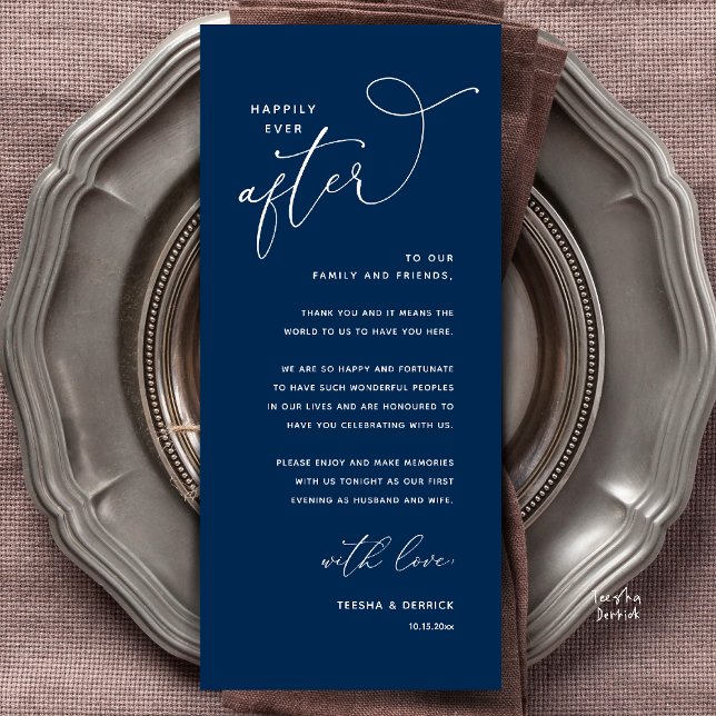 Hochzeitsdinner-Dankeskarten für die Ewigkeit Programm (Welcome and Thanks, Happily Ever After Modern Wedding Dinner Thank You Card in Classy Navy Blue)