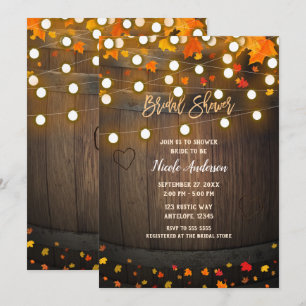 Hochzeitsdusche mit Holzfass, Herbstlaub und Licht Einladung