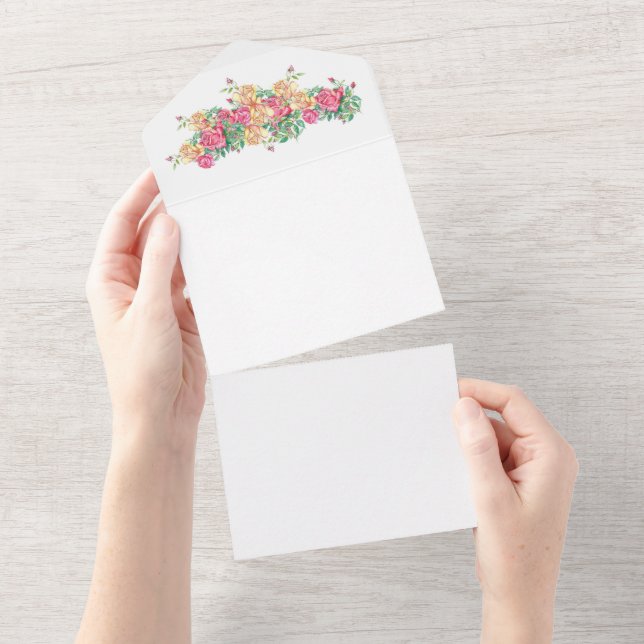 Hochzeitseinladung, Aquarellfarben-Rose All In One Einladung (Abreißen)