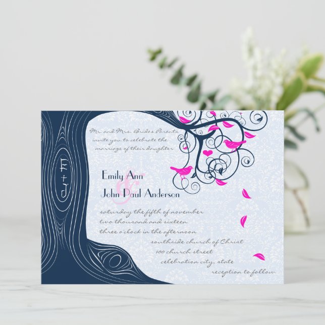 Hochzeitseinladung der Navy Blue Pink Forest Love Einladung (Stehend Vorderseite)