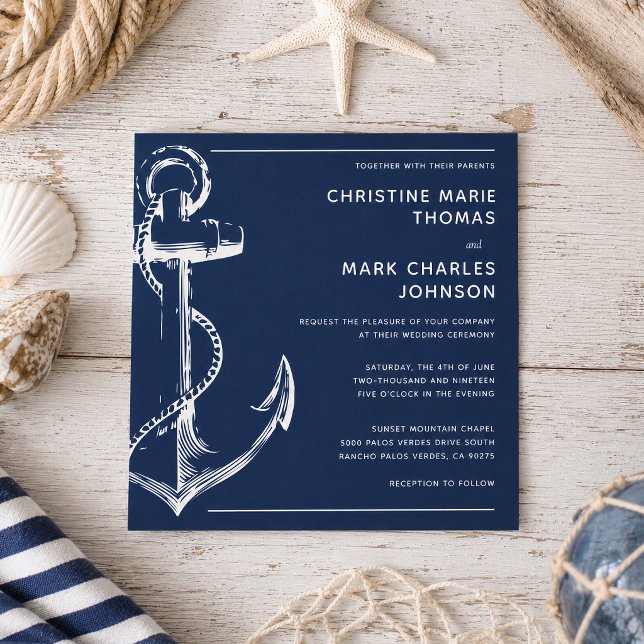 Hochzeitseinladung eines Navy Blue Nautical Ship A (Tie the knot with this nautical sketch anchor wedding square invitation.)