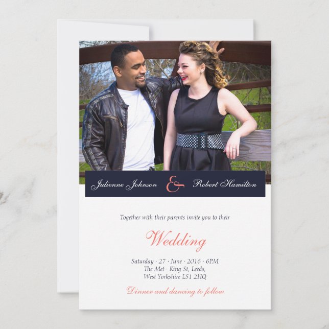 Hochzeitseinladung für Navy Blue and Coral Foto Einladung (Vorderseite)