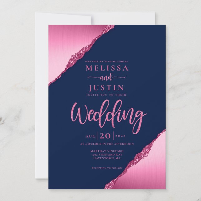 Hochzeitseinladung für Navy Blue und Fuchsia Glitz Einladung (Vorderseite)