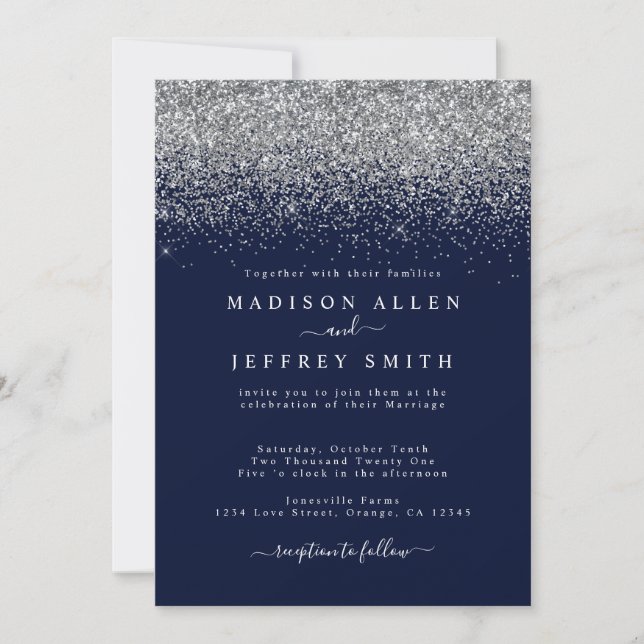 Hochzeitseinladung für Navy Blue und Silver Glitze Ankündigung (Vorderseite)