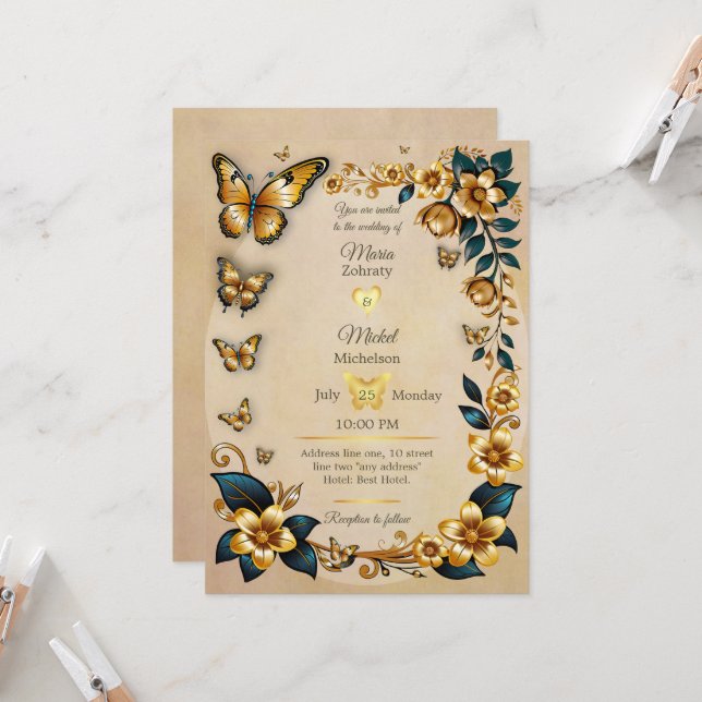 Hochzeitseinladung goldene Schmetterlinge Einladung (Vorderseite/Rückseite Beispiel)