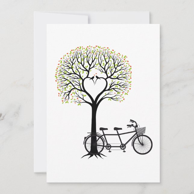 Hochzeitseinladung Herzbaum mit Tandem-Fahrrad Einladung (Vorderseite)