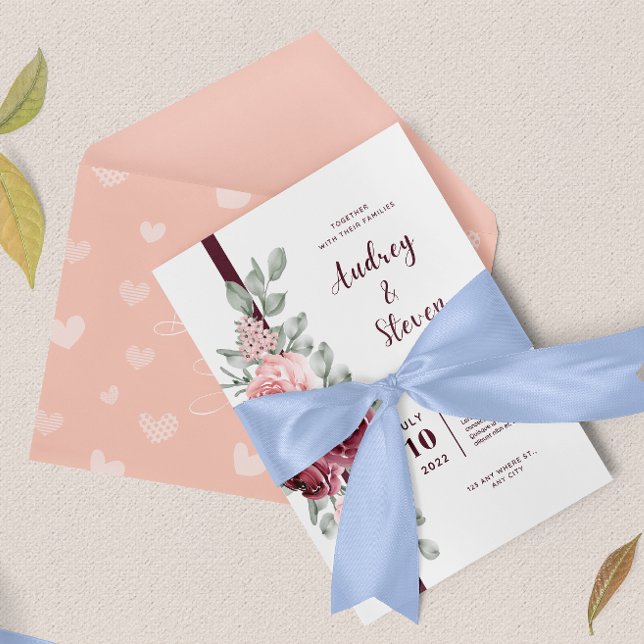 Hochzeitseinladung Magenta Line Ribbon Flora Save The Date (Von Creator hochgeladen)