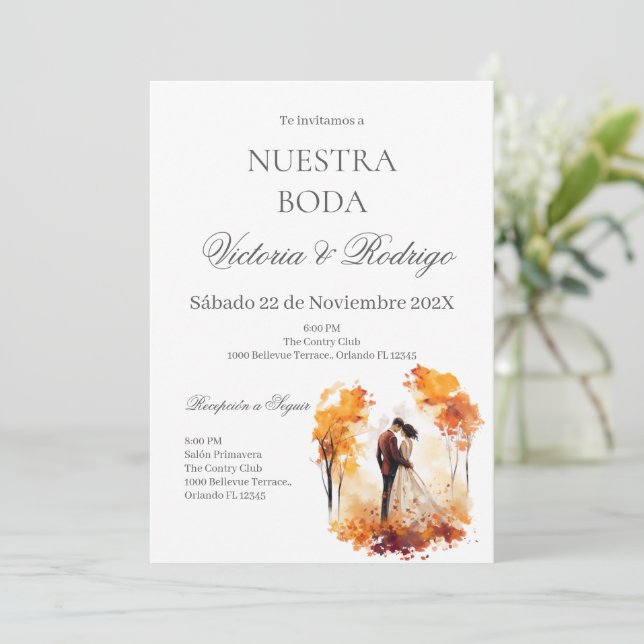 Hochzeitseinladung mit Blumenmuster auf Spanisch Einladung (Stehend Vorderseite)