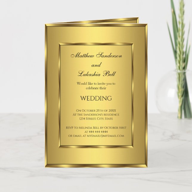 Hochzeitseinladung mit Empfang-Menü Gold Einladung (Vorderseite)