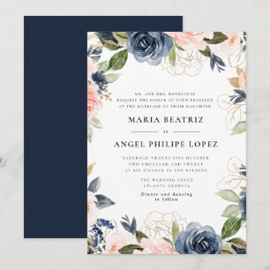 Hochzeitseinladung mit Navy- und Roséblüten Einladung
