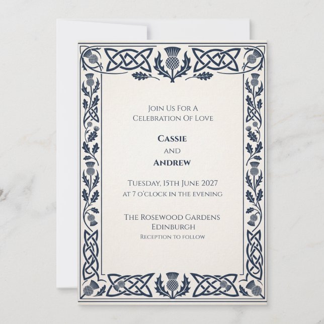 Hochzeitseinladung Navy Celtic Thistle Einladung (Vorderseite)