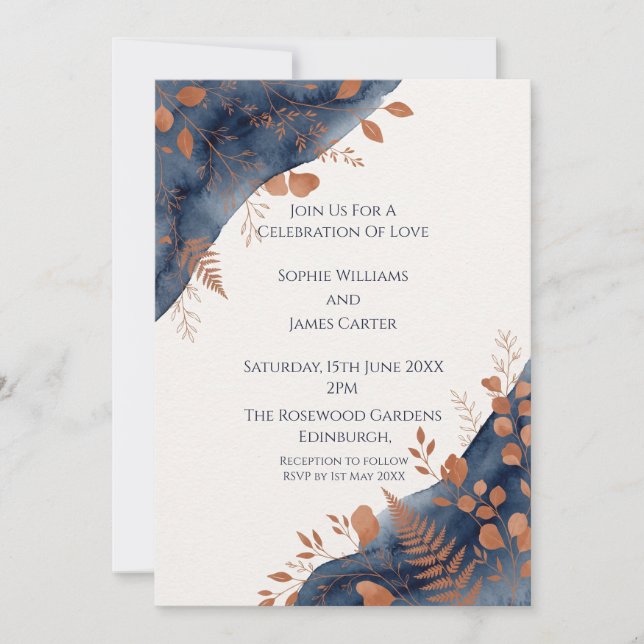 Hochzeitseinladung Navy Copper Botanical Einladung (Vorderseite)
