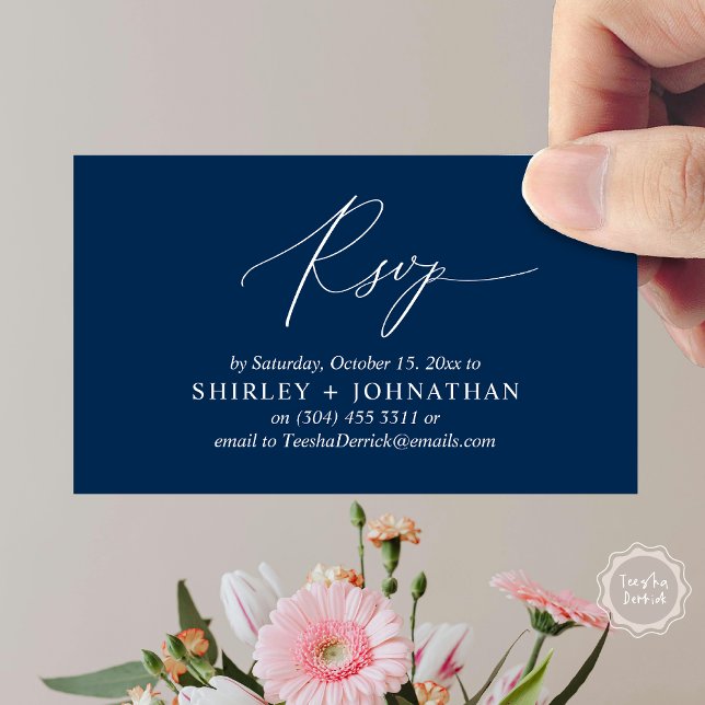 Hochzeitseinladung UAWG, moderne romantische Erinn Begleitkarte (Wedding Invitation RSVP Modern Minimalist Design Reminder Email Phone Texting in Classy Navy Blue)