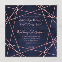 Hochzeitseinladung von Navy Blue & Rose Gold Geome