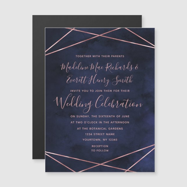 Hochzeitseinladung von Navy Blue & Rose Gold Geome Magneteinladung (Vorne/Hinten)