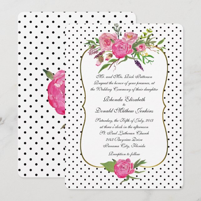 Hochzeitseinladung von Peonies und Polka Dots Einladung (Vorne/Hinten)