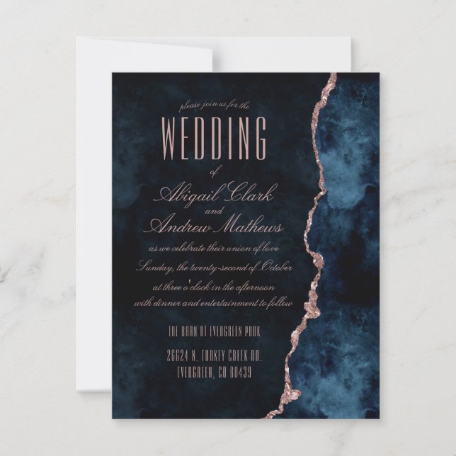 Hochzeitseinladungen für Navy Blue & Rose Gold Aga RSVP Karte (Vorderseite)