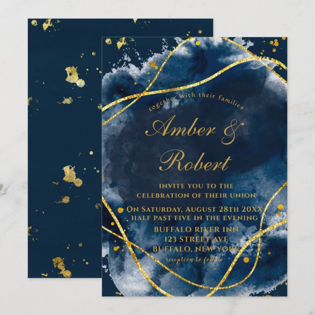 Hochzeitseinladungen für Navy Blue Watercolor Gold (Vorne/Hinten)
