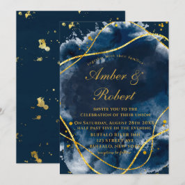 Hochzeitseinladungen für Navy Blue Watercolor Gold