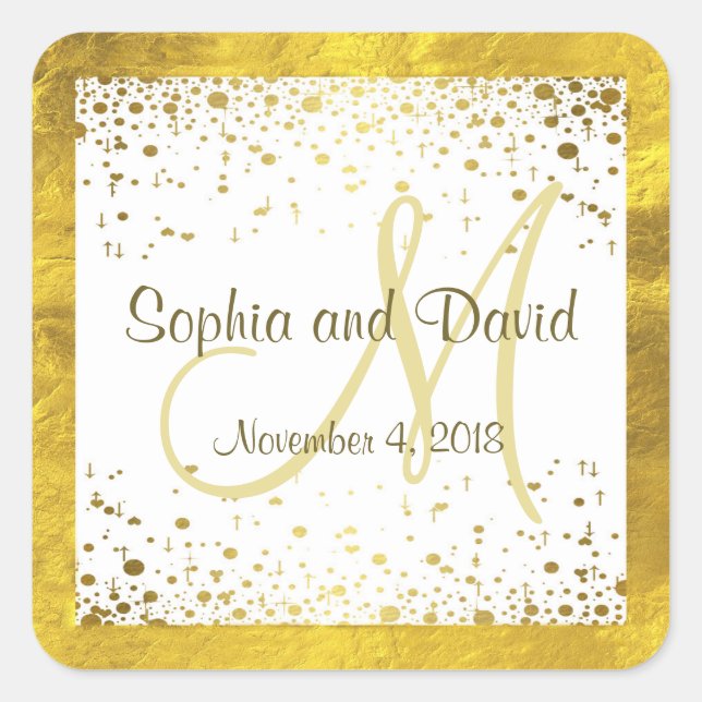 Hochzeitseinladungen | Gold Confetti Monogram Quadratischer Aufkleber (Vorderseite)