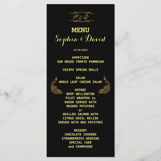 Hochzeitseinladungen | Gold Peacock Black Menu Menükarte (Vorderseite)