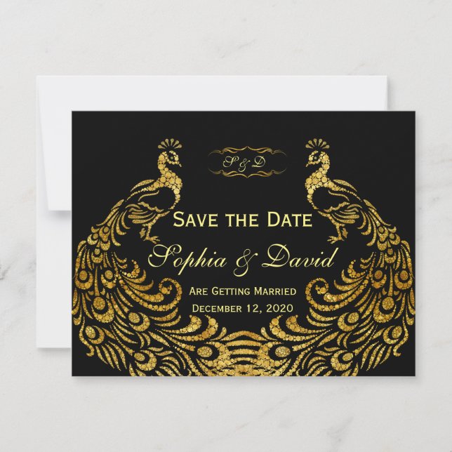 Hochzeitseinladungen | Gold Peacock SAVE THE DATE (Vorderseite)