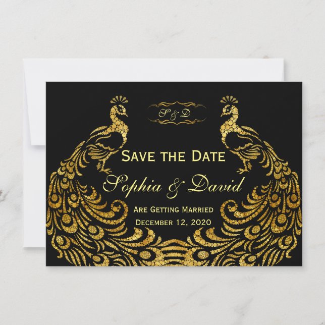 Hochzeitseinladungen | Gold Peacock SAVE THE DATE Einladung (Vorderseite)